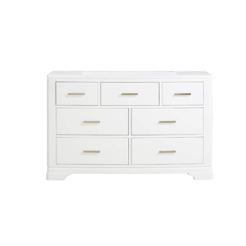 Hudy 56 Inch Dresser, 7 Drawers w Metal Handles, White Birch Veneer