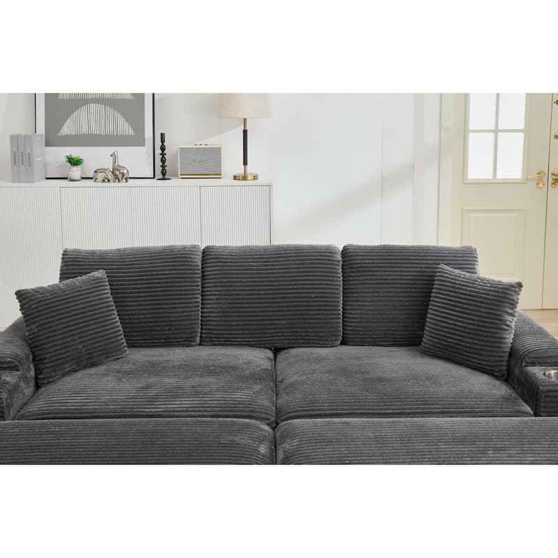 Modular Convertible Sectional Sofa with 2 Ottomans, 2 Seaters Corduroy Arms Couch, Loveseat Sofa with Cup Holders & USB Ports