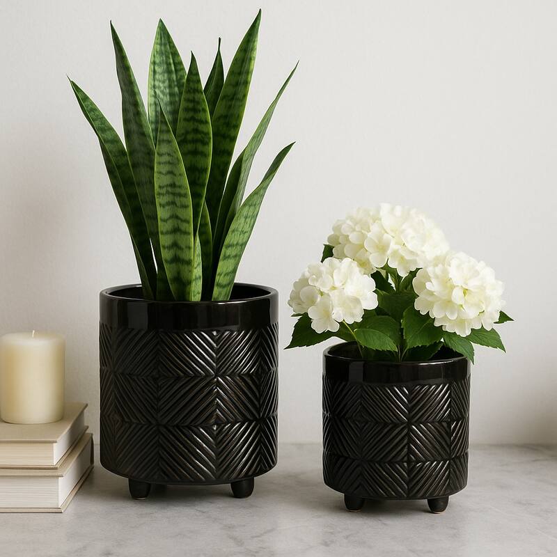 Ceramic Textured Footed Planters Set of 2 - 6" - 8"