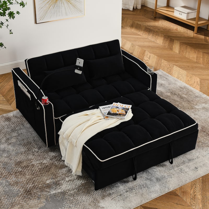 55.51" Velvet 2 Seater Sleeper Sofa with Adjustable Back, USB Port, Ashtray, Swivel Phone Stand, and 2 Pillows