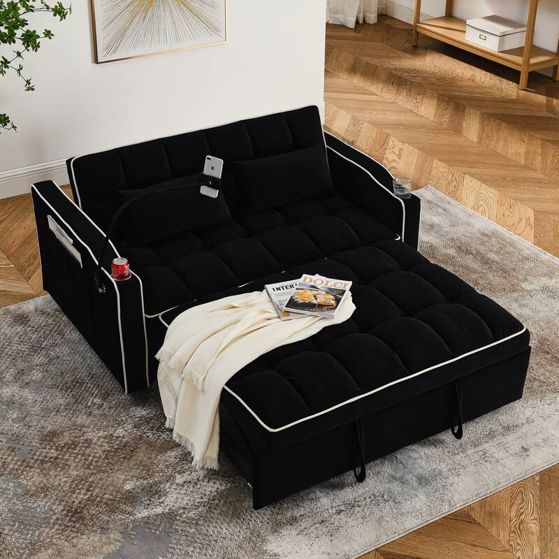 Convertible Sleeper Sofa Bed Pull Out Couch Futon Loveseat Velvet Chaise Lounge with 2 Pockets & USB Port, Foldable Sleeper Sofa