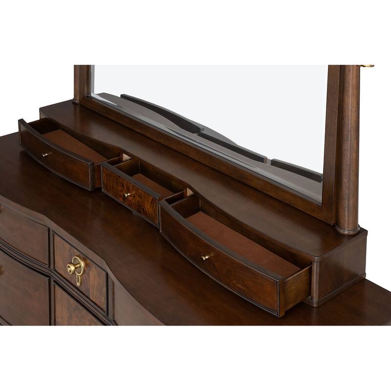Transitional Dark Cherry Finish Bedroom Set with LED Bed Dresser Mirror Nightstand Chest