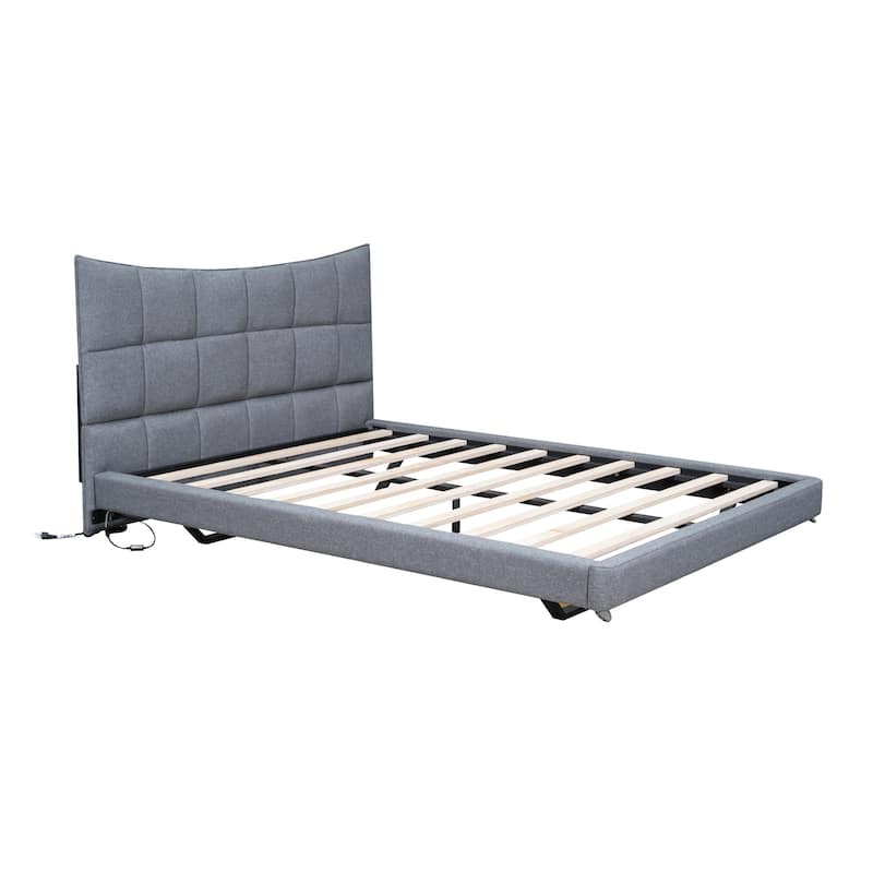 HomeRoots Gray Tufted Upholstered Full Bed Frame With LED Lighting And USB
