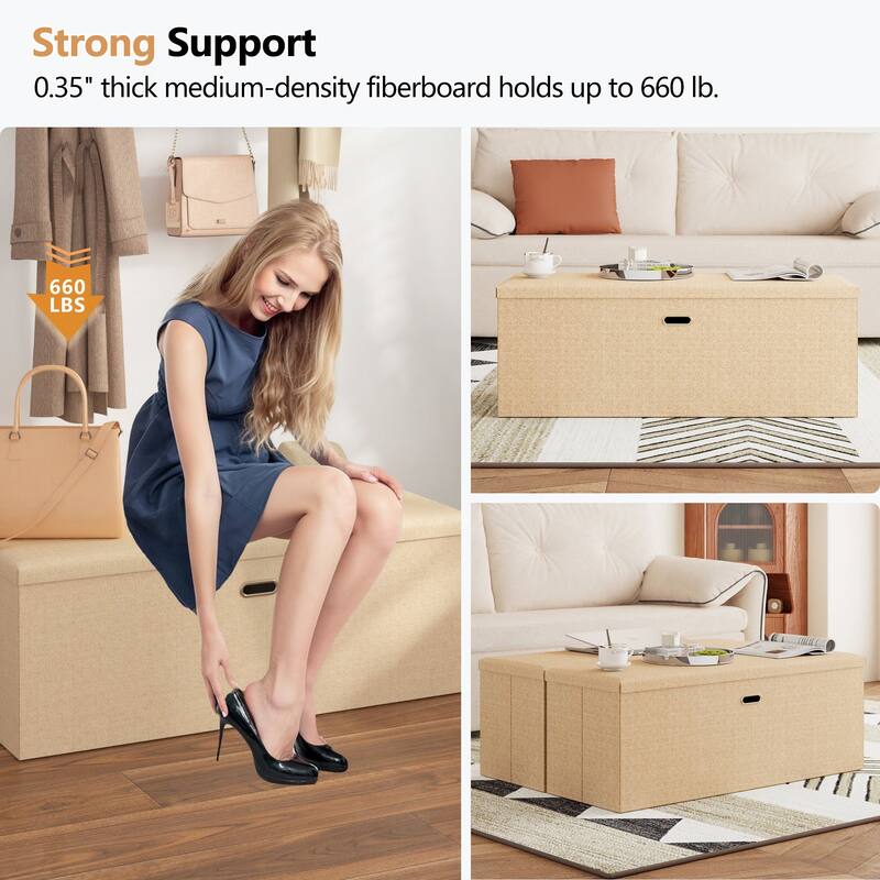 15" Tall Foldable Storage Ottoman Lift-Top Lid & Carry Handle Multi Functional Footrest Shoe Bench Coffee Table for Living Room