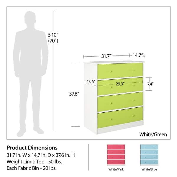 Ameriwood Home Mya Park Tall Dresser with 4 Fabric Bins