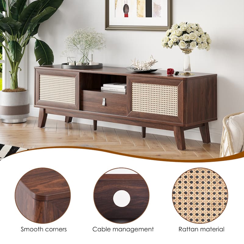 Anmytek Mid Century Modern TV Stand Media Console with Solid Wood and Rattan Accents