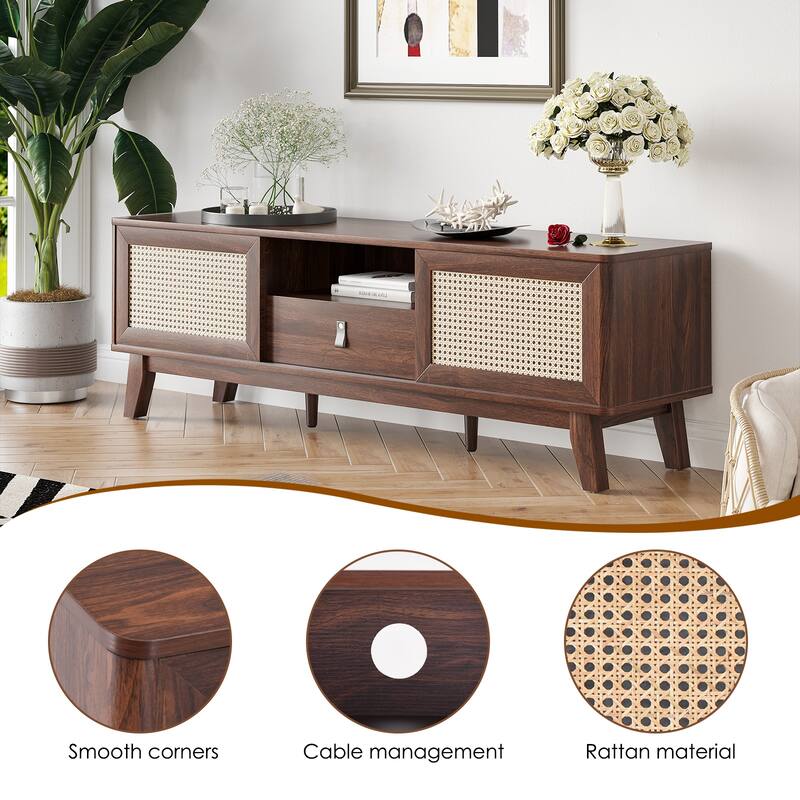 Rattan TV Stand for TVs, Wood TV Stand Mid Century Modern TV Stand TV Media Console with Drawer and 2 Cabinets