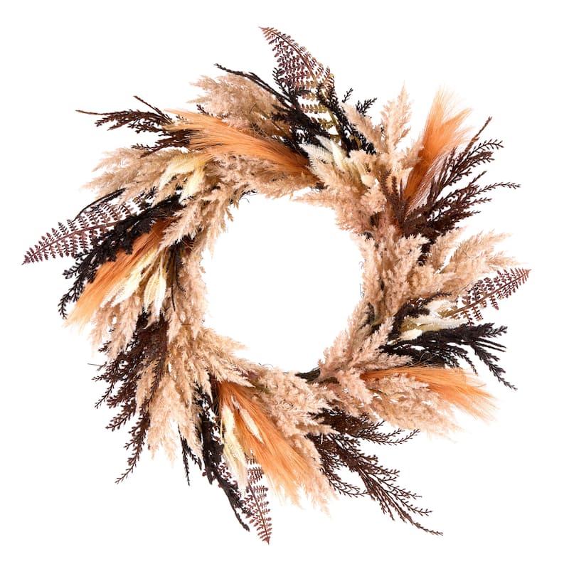 National Tree Company 26" Artificial Orange and Black Pampas Wreath, 30 Warm White LED Lights, Battery Operated - 26 in