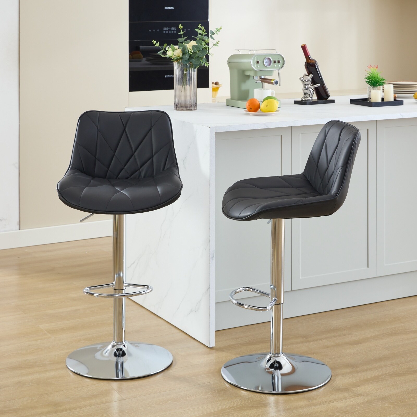 Black Bar Stools Set of 2 Ergonomic Counter Height Bar Stool PU Leather Upholstered Barstools Adjustable Swivel Island Chairs