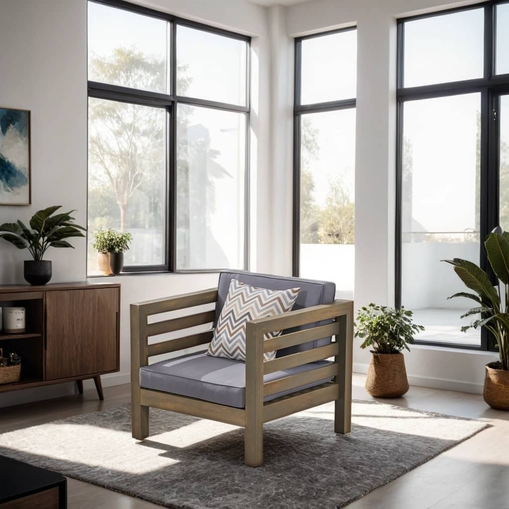 Modern Grey Club Chair - Acacia Wood, Waterproof Cushions