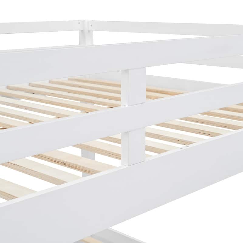 Modern Queen Size Bunk Bed with Ladder and Guardrail, Wood Kids Teens Bed Frame with Trundle Optional