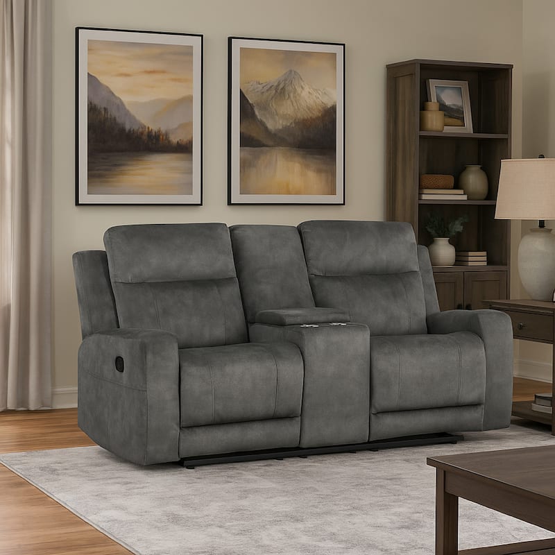 Tesy Manual Recliner Loveseat, Console, Dark Gray Microfiber 71 Inch