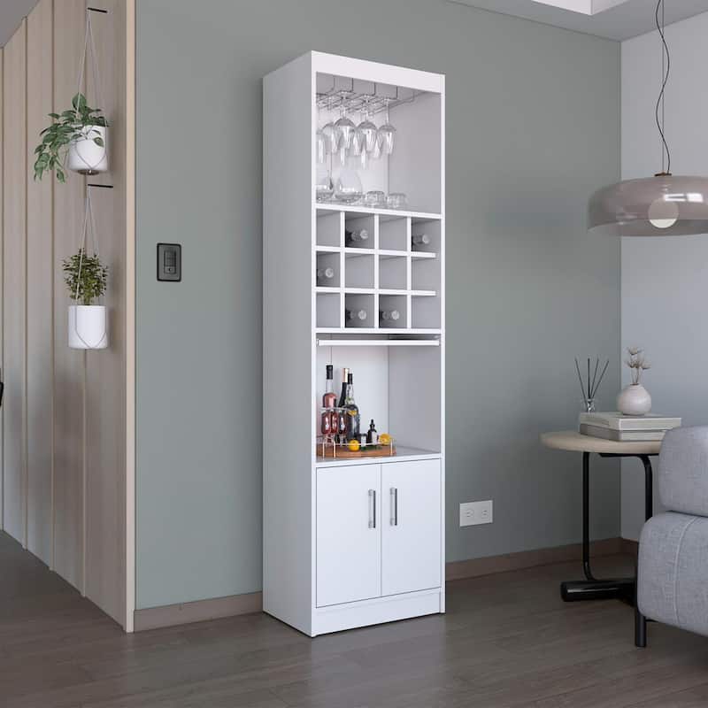 Kevil Tall Bar Cabinet, 5 Shelves, and Pull Out Tray - White