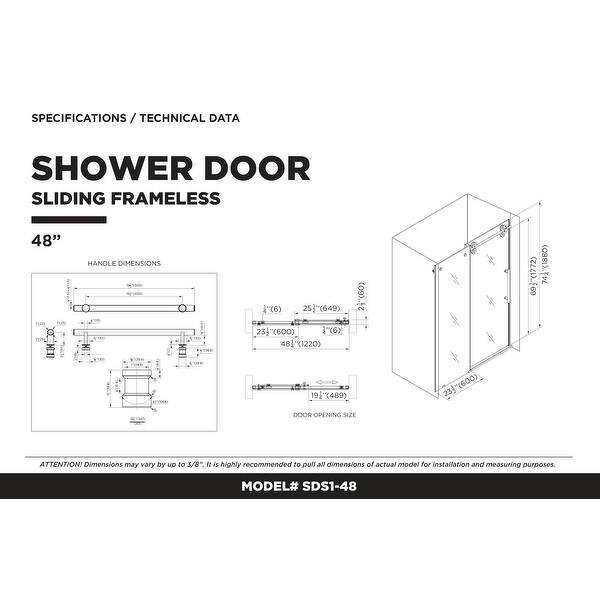 dimension image slide 4 of 25, Fine Fixtures Frameless Clear Sliding Bathroom Shower Door