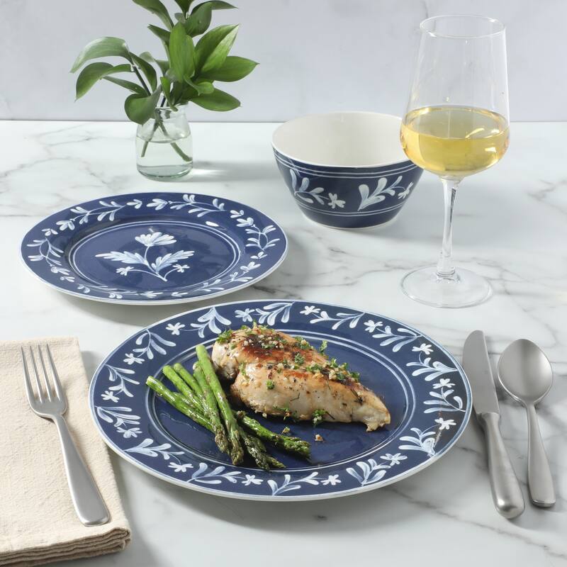 Martha Stewart Maiden Crown 12-Piece Dinnerware Set - Vegan Bone China Ceramic Plates & Bowls - Floral Design - Service for 4