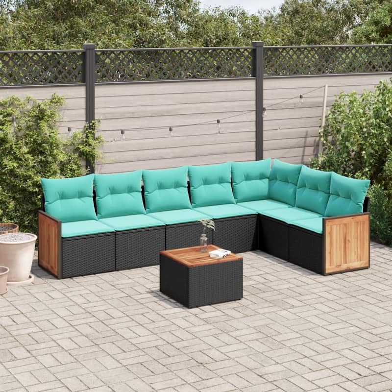 vidaXL 7 Piece Patio Sofa Set with Cushions Black Poly Rattan - 21.7x27.2x24.4-With table