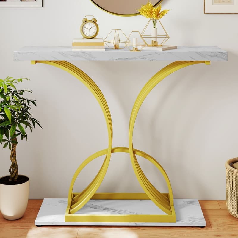 Modern Gold Console Sofa Table with Marbling Top for Entryway Hallway