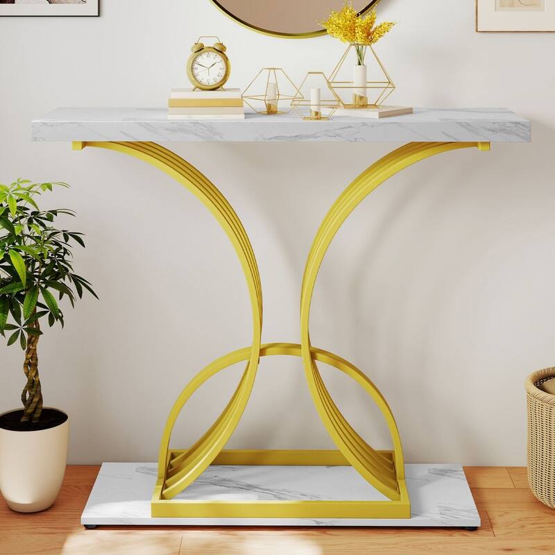 Modern Gold Console Sofa Table with Marbling Top for Entryway Hallway