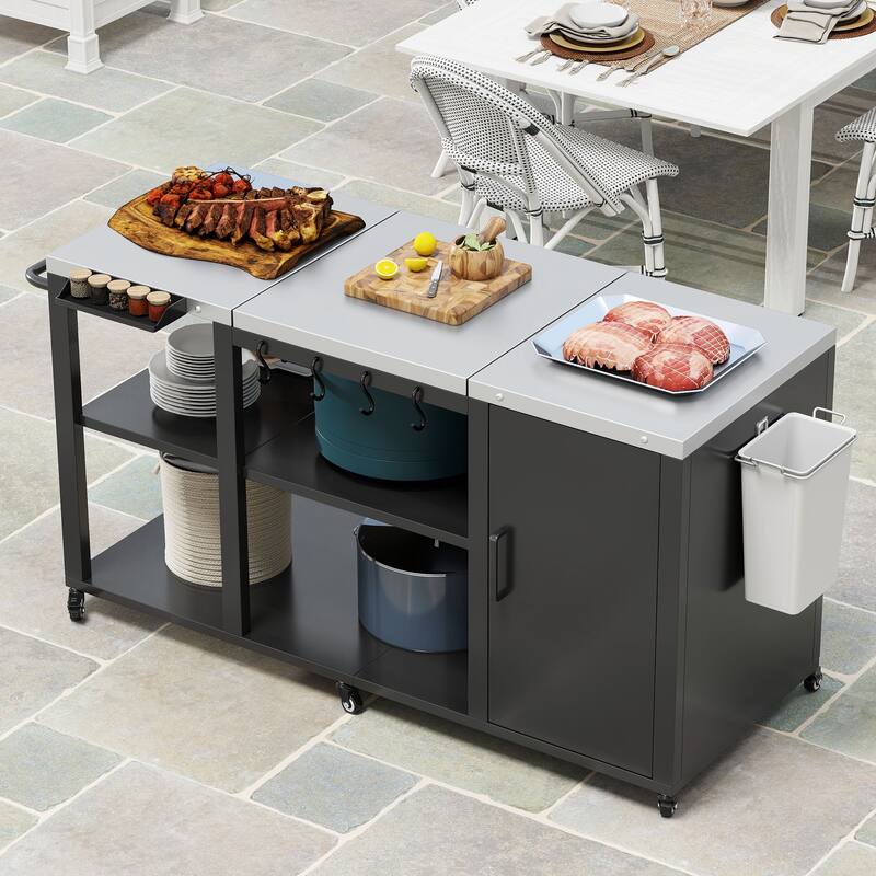 Moasis Wheeled Grill Cart Table w/Removable Stainless Steel Top and Trash Bag Holder