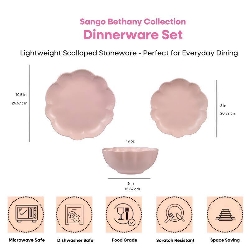 Sango Bethany 12-Piece Stoneware Dinnerware Set - Service for 4, Scalloped Plate & Bowl Set