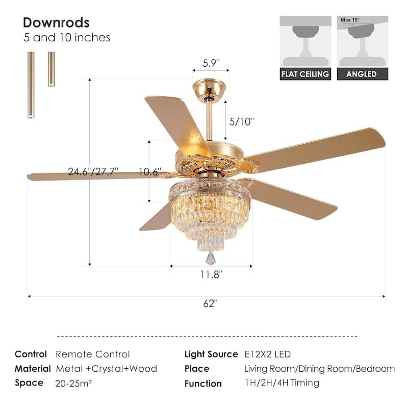 52 Inches AC Motor Crystal Ceiling Fan Fandelier with Lights,For Bedroom,Kitchen,Remote or Wall Control