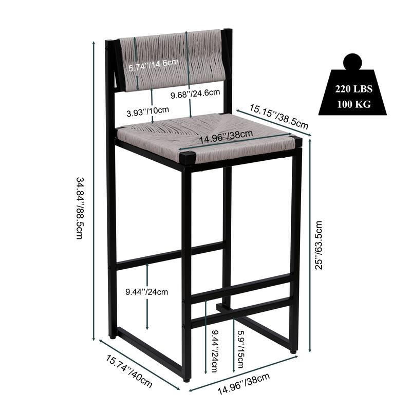 Modern Counter Height Barstools Set of 2, Paper Rope Woven Bar Stools w/ Back for Home Pub, Dinning Room, Kitchen Island Bistro