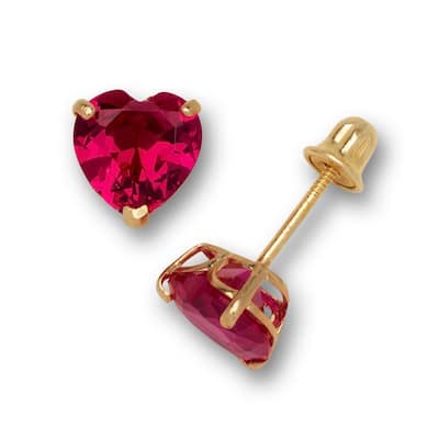14K Yellow Gold 6mm Heart-shaped Cubic Zircornia Birthstone Basket-Set Solitaire Screw-back Stud Earrings (12 colors)