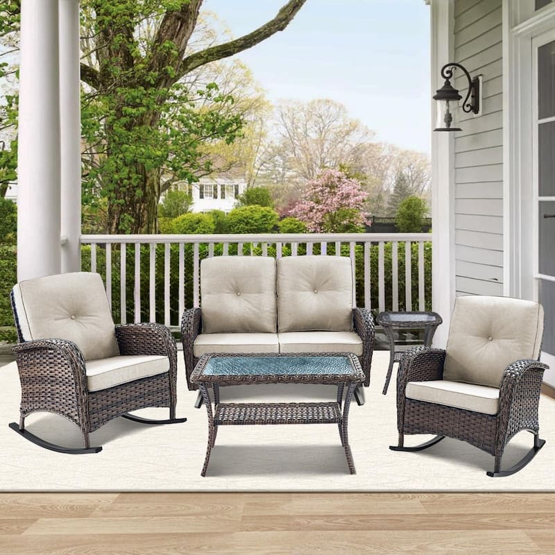 Patio Rocking Chair with Outdoor Glider Sofa - Brown - Beige