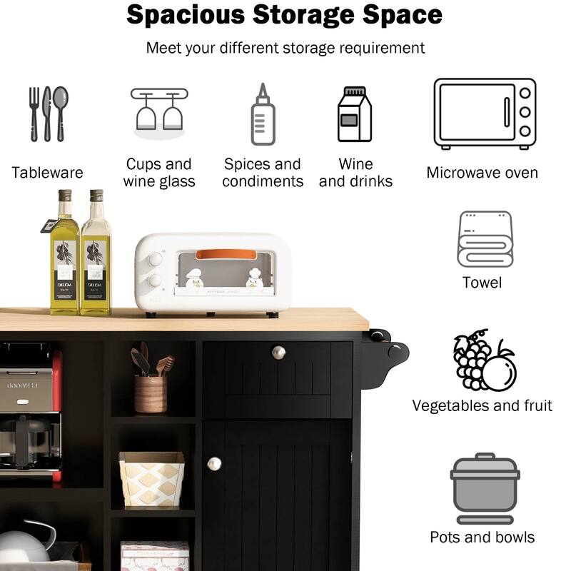 Kitchen Island Cart with Rubber Wood Top,Adjustable Shelves,2 Locking Wheels & Open Storage Compartments,50-inch Buffet Server