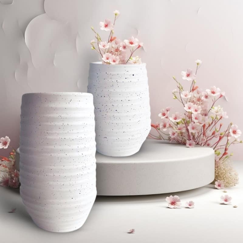Set of Two Tall Grooved Speckled Flower Pots in Off White