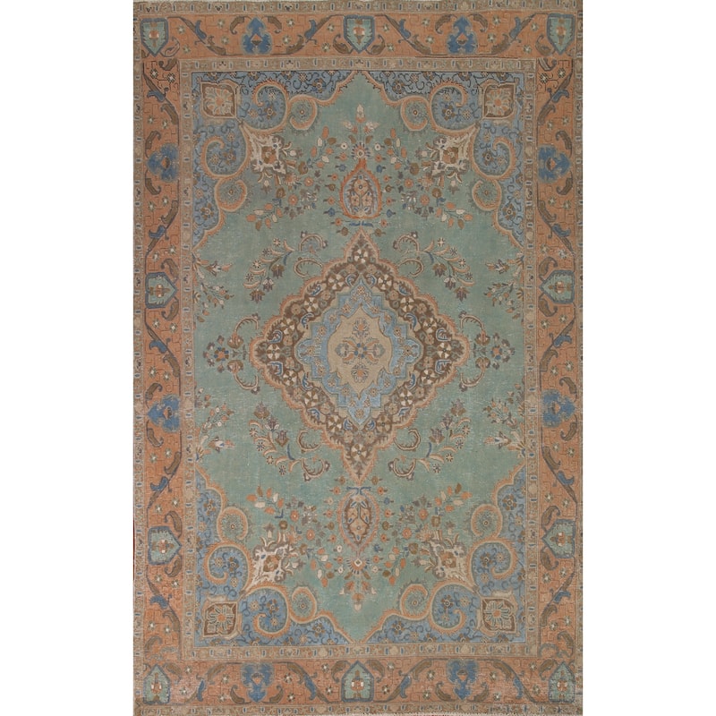 Turquoise Green Tabriz Persian Vintage Area Rug Handmade Wool Carpet - 7'6" x 10'10"