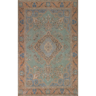Turquoise Green Tabriz Persian Vintage Area Rug Handmade Wool Carpet - 7'6" x 10'10"