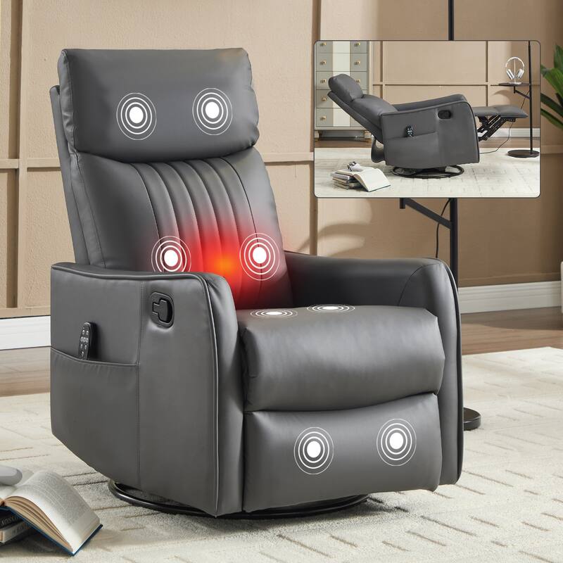 Roomfitters Swivel Rocker Recliner Chair, Manual Faux Leather Massage Armchair with Heat and Glider Motion, Living Room