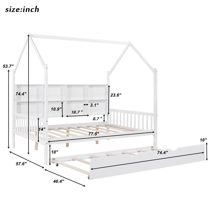 Full Pine House Bed with Trundle & Storage Shelf