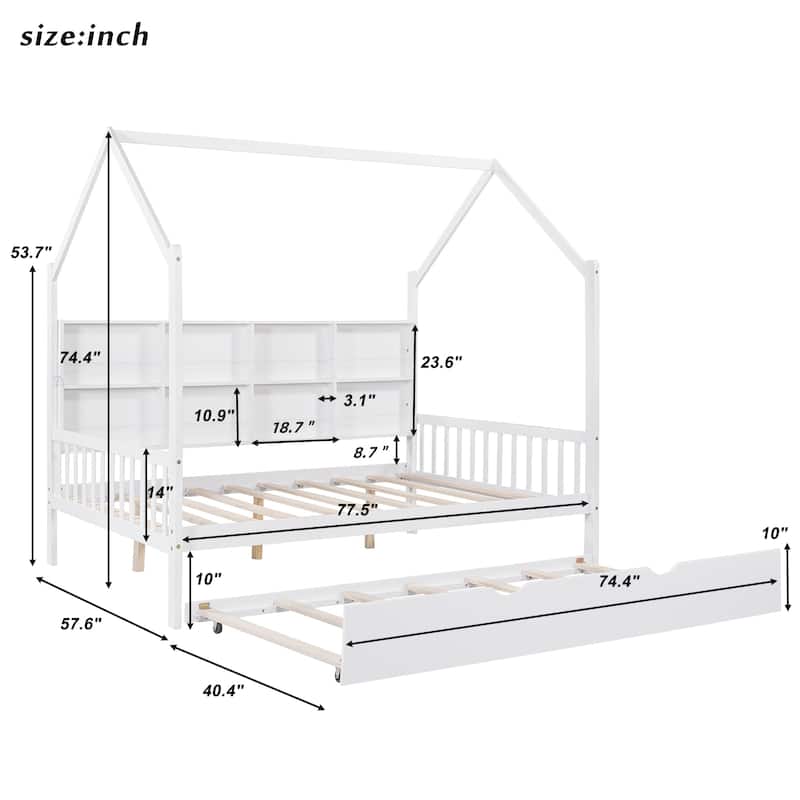 White Wooden Full Size House Bed w/ Trundle, Kids Bed w/ Shelf