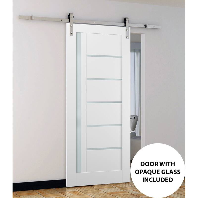 Sliding Barn Door Stainless Steel 6.6ft Hardware / Quadro 4088 White Silk Frosted Opaque Glass