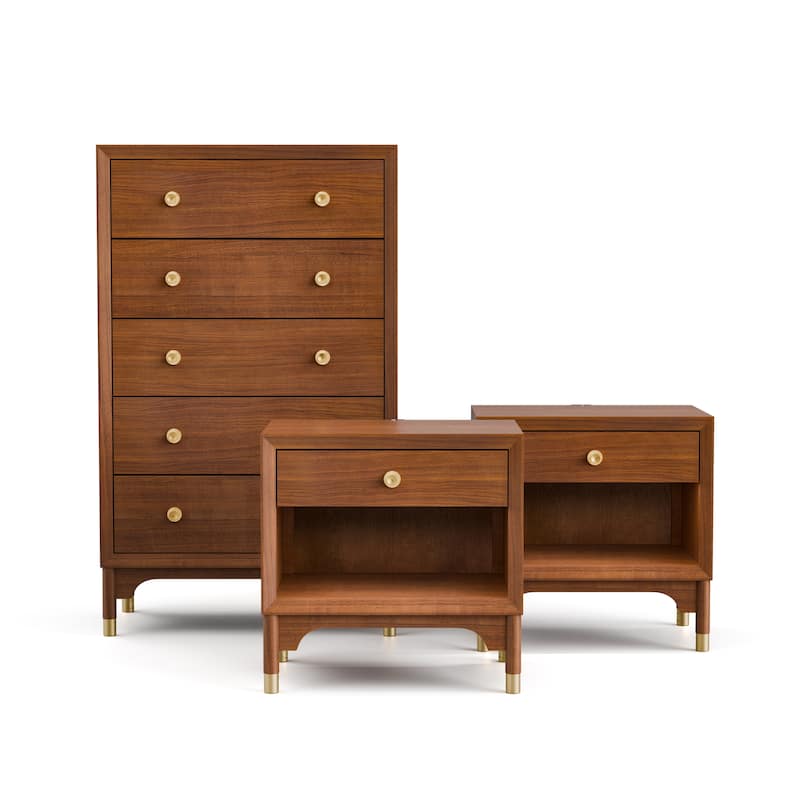 Furniture of America Forma Mid-Century Modern 3-Piece Walnut Chest and 2 Nightstand Bedroom Set