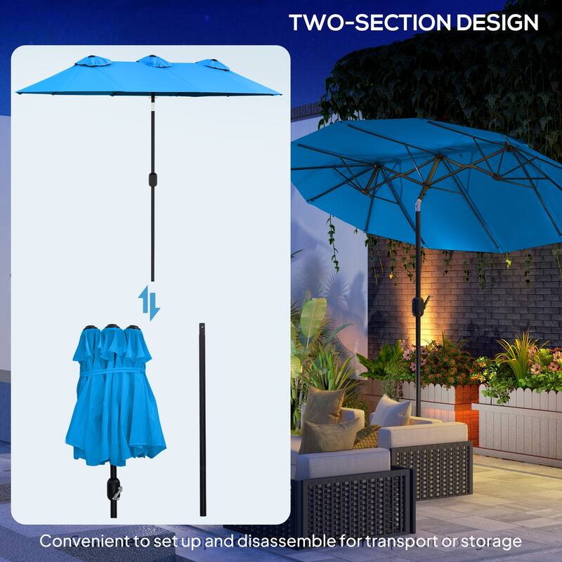 Outsunny Double-sided Patio Umbrella 9.5' Large Outdoor Market Umbrella with Push Button Tilt and Crank, 3 Air Vents and 12 Ribs