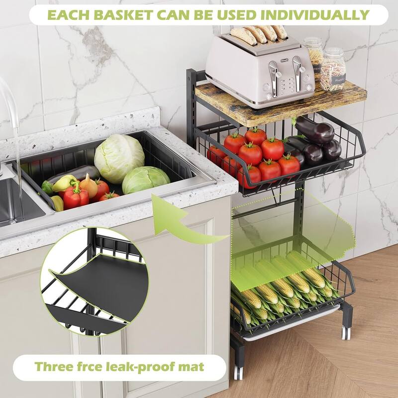 Snack Cart with Wheels 4-Tier Adjustable Fruit Rack Fruit Vegetable Basket Cart - 12.2"D x 15.35"W x 34.45"H