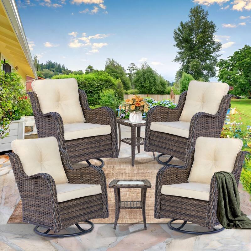 6-piece Wicker Outdoor Patio Furniture Set with Swivel Rocker Chairs - Cream-Brown Wicker