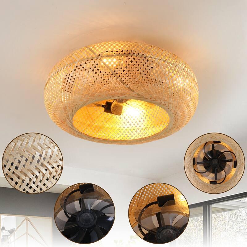 19" Rattan Ceiling Fan with 4 Bulbs, Dimmable, Remote Control,7 Blades, Reversible DC Motor - Yellow Brown