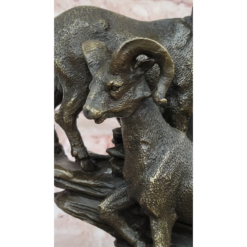 Trio Of Mountain Rams Bronze Sculpture On Marble Base For Rustic Wildlife Decor