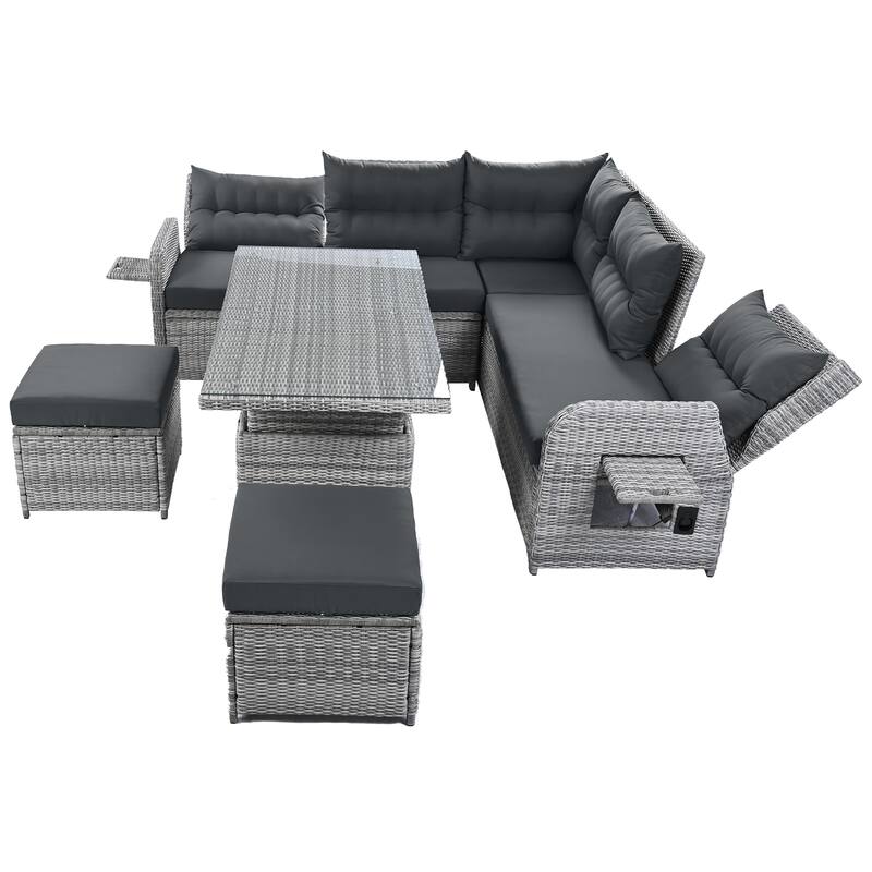 Outdoor Patio Rattan Sectional Sofa Set with Adjustable Height Table and 2 Reclining Seat, Extendable Side Tables