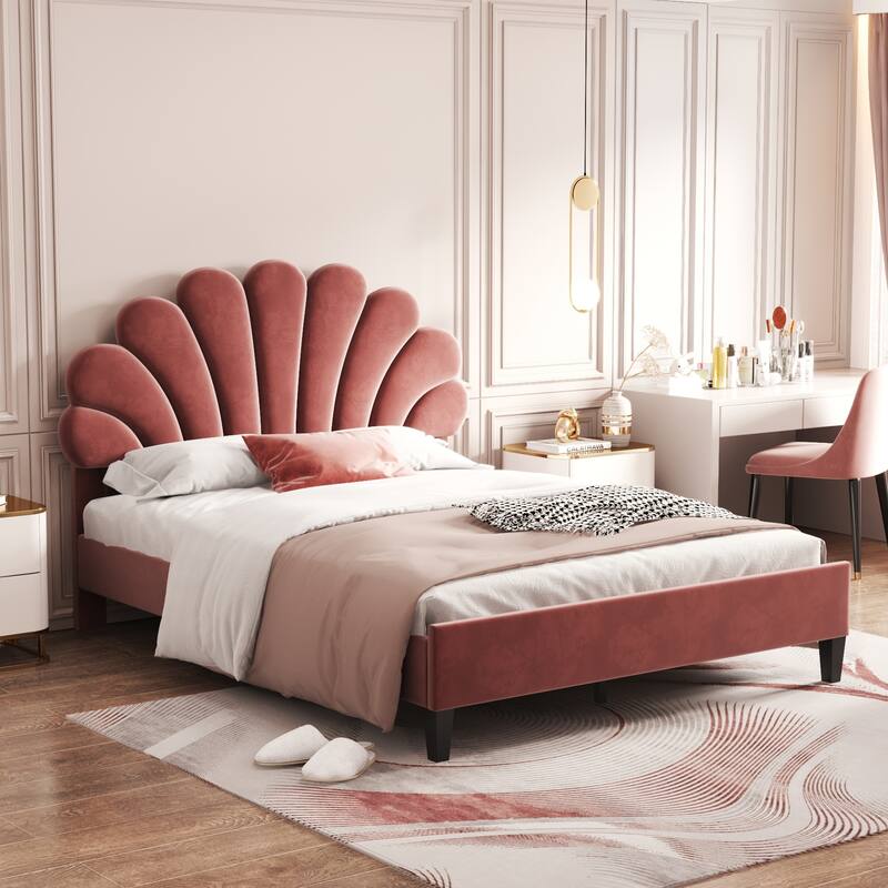Bean Paste Red Velvet Upholstered Platform Bed: Flower Shape Headboard