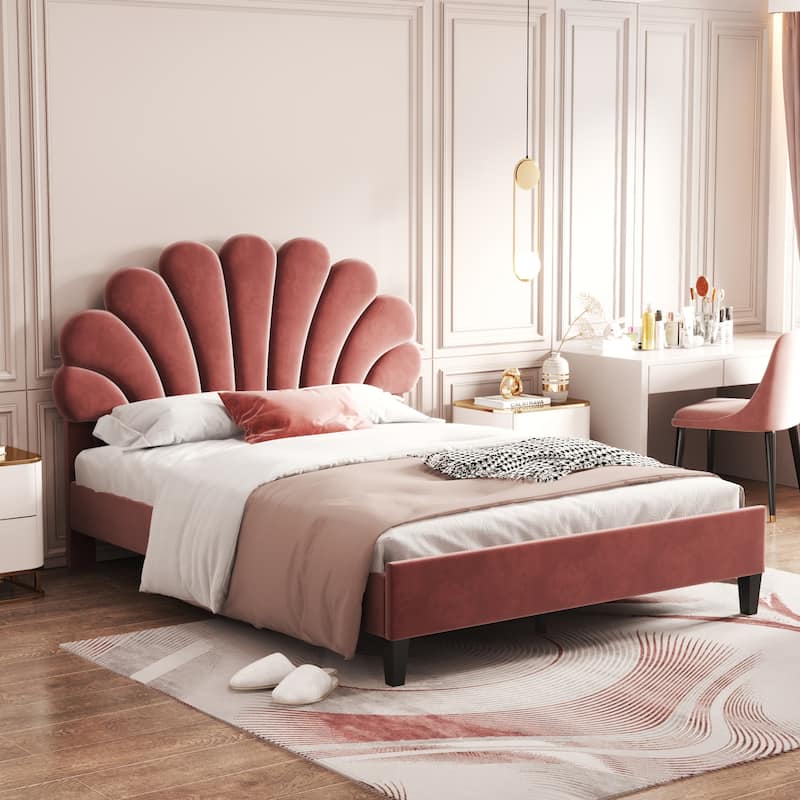 Tufted Shell-shape Velvet Upholstered Platform Bed