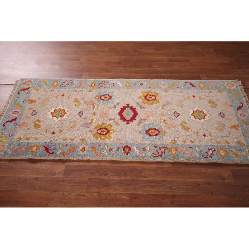 Floral Oushak Oriental Foyer Rug Hand-Knotted Wool Carpet - 2'6"x 5'10"