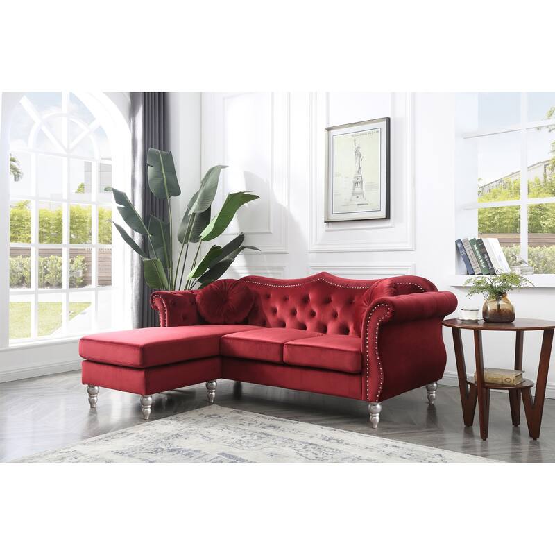 Hollywood 81 in. Velvet Chesterfield Sectional Sofa with 2-Throw Pillow - 81"L x 35"W x 34"H