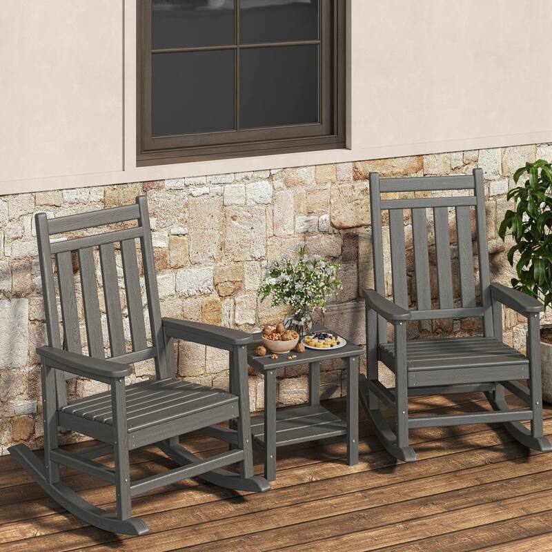 2-Piece HDPE Rocking Chair Set with Table All-Weather High-Back Porch Rockers for Adults Black - Grey