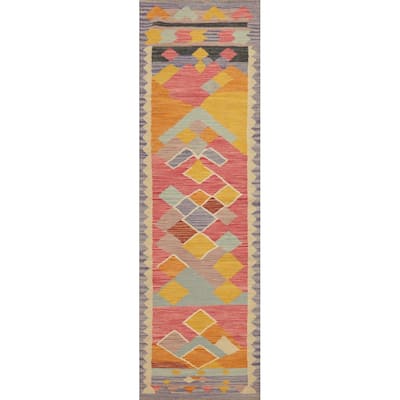 Hand Woven Oriental 100% Wool Carpet Southwestern Modern Pink Kilim Runner Rug - 8' 3'' X 2' 0''