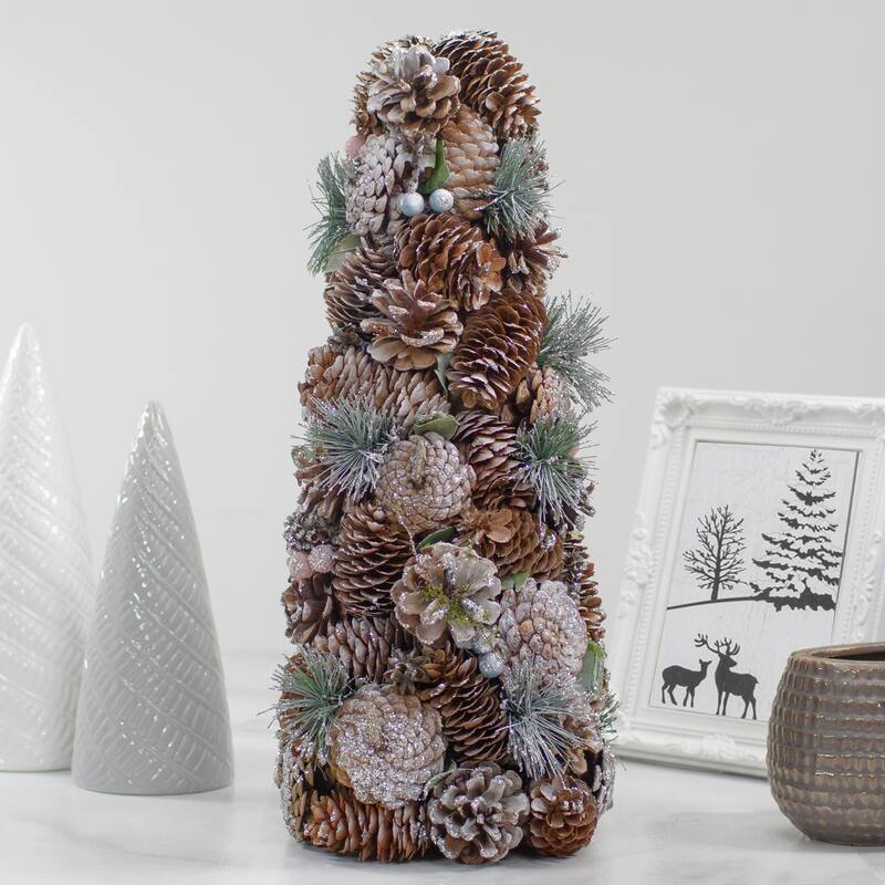 Glittered Pinecone Berry Christmas Tree - 16.5" - Green and Brown